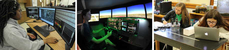 Series of images: student working at computer, student using flight simulator, students working in science class